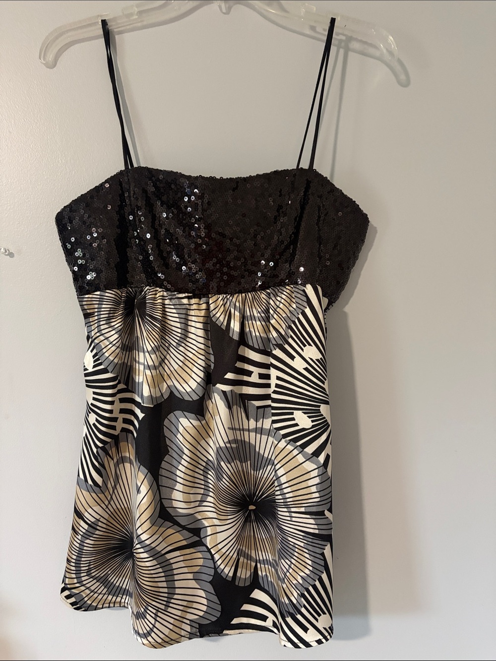 Eyeshadow Black Sequin & Cream Floral Spaghetti Strap Top